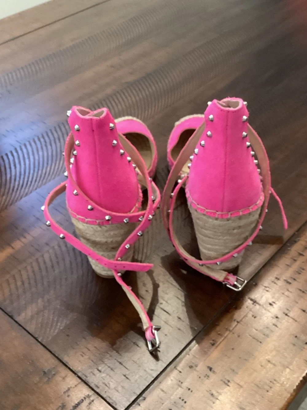 Vince Camuto Hot Pink Studded Ankle-Wrap Espadrille Wedges